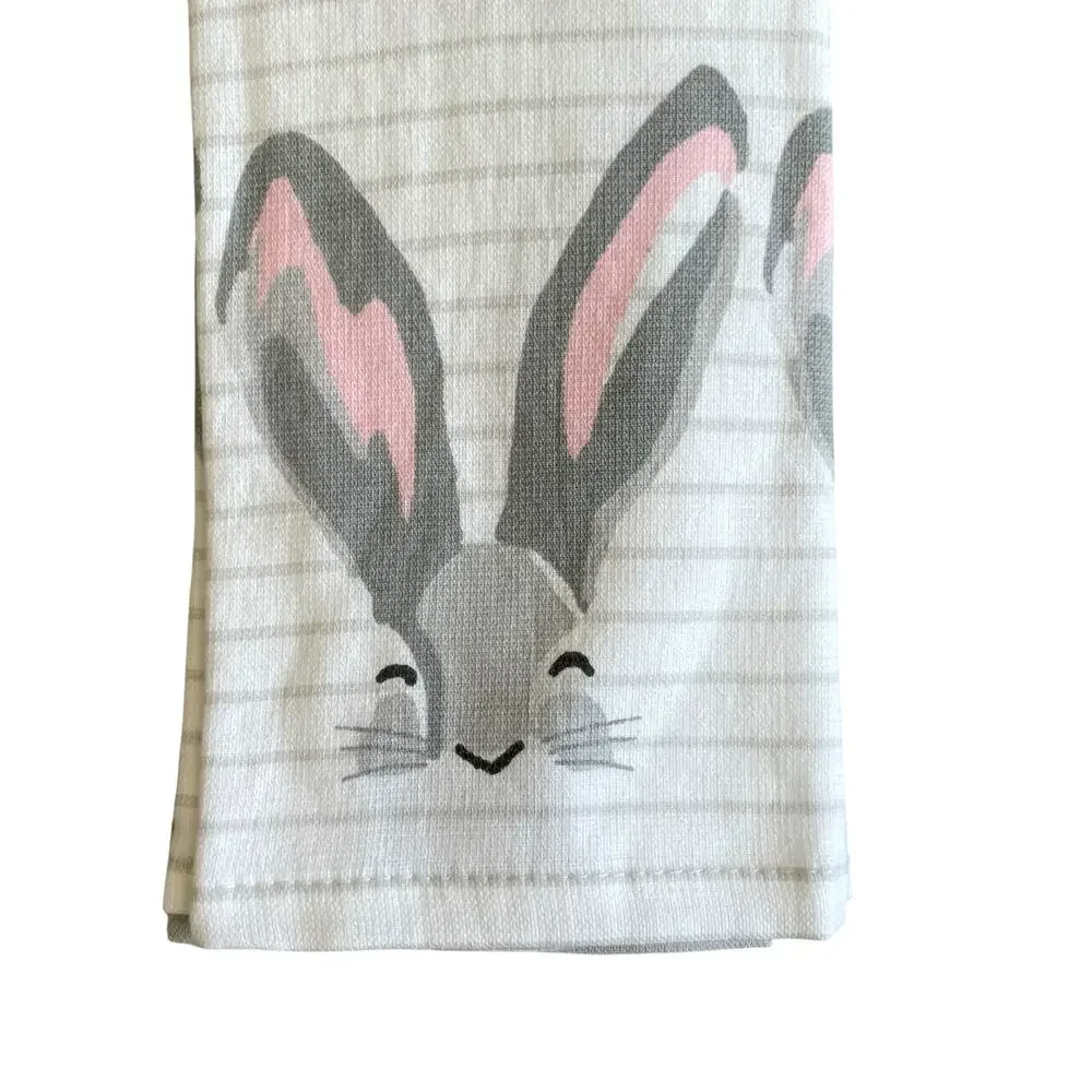 La Cuisine EASTER Bunny Cotton Kitchen Towels Set of 4 Gray & White Stripe New